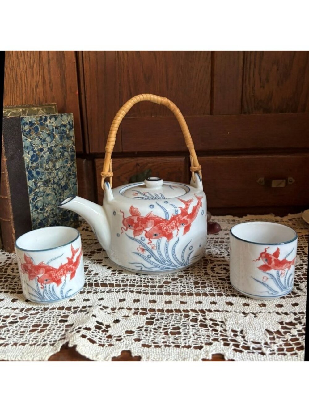 Vintage Koi Fish Teapot Set Teapot and 2 Cups with Bamboo Handle Asian Decor Wor